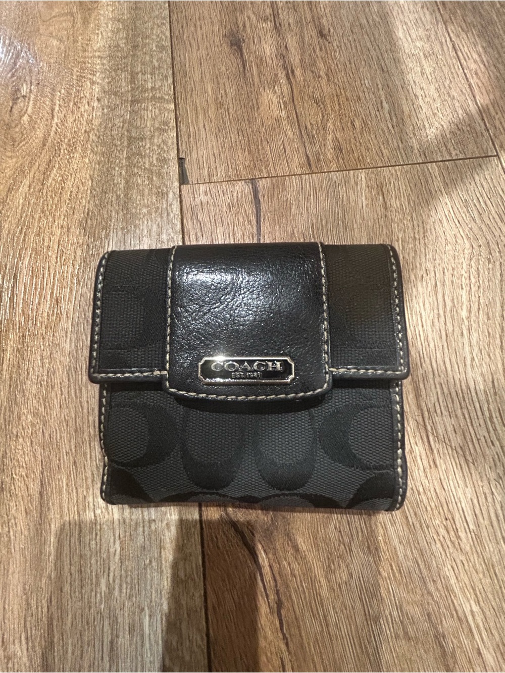 Coach Black Signature Canvas Trifold Wallet with Leather Trim